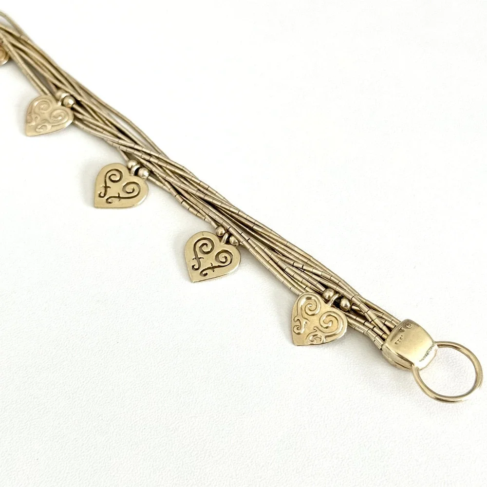 Shube Vintage 925 Liquid Sterling Silver Vermeil Multi Strand Heart Bracelet 7